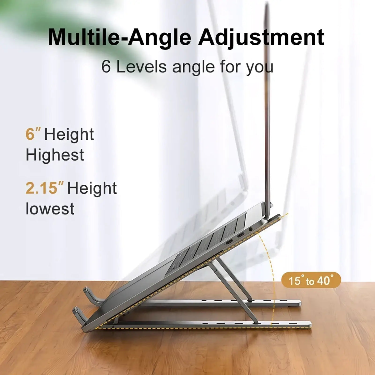 Silver metallic aluminum adjustable laptop stand with foldable design multiple height levels and angled support