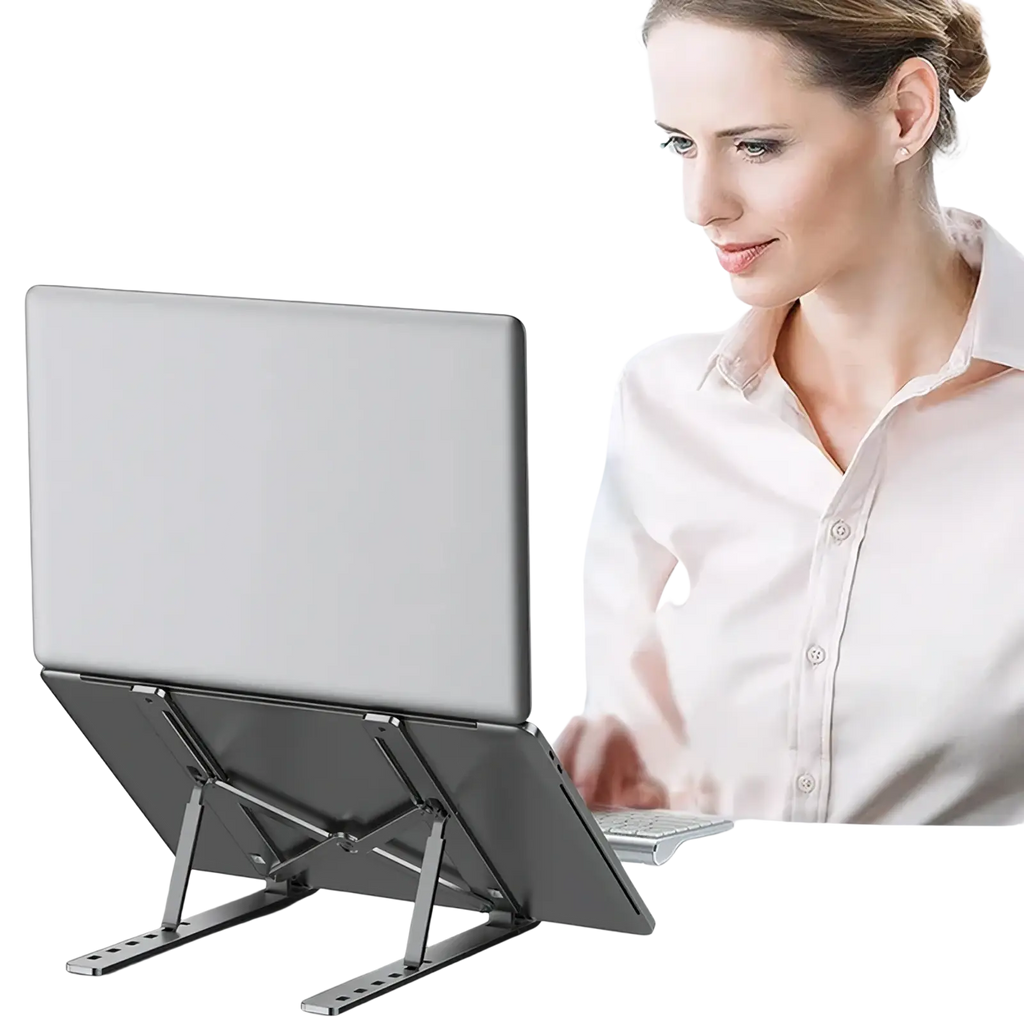 Silver metallic aluminum adjustable laptop stand with ergonomic foldable design for improved workspace comfort