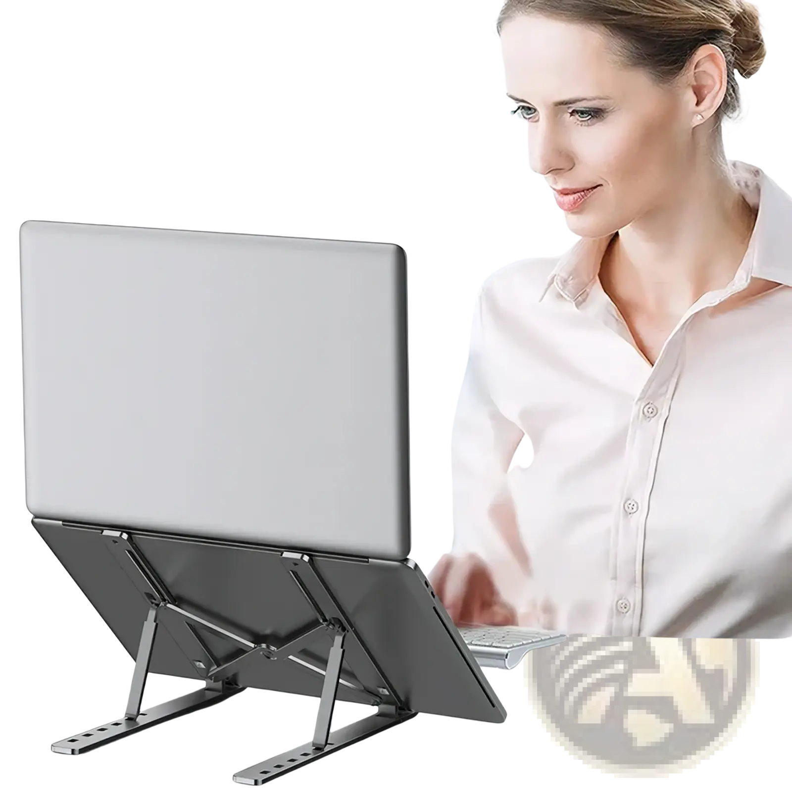Silver metallic aluminum adjustable laptop stand with ergonomic foldable design for improved workspace comfort