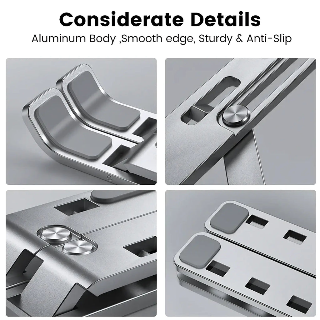 Silver aluminum adjustable laptop stand with smooth edges and anti-slip rubber pads for stable support