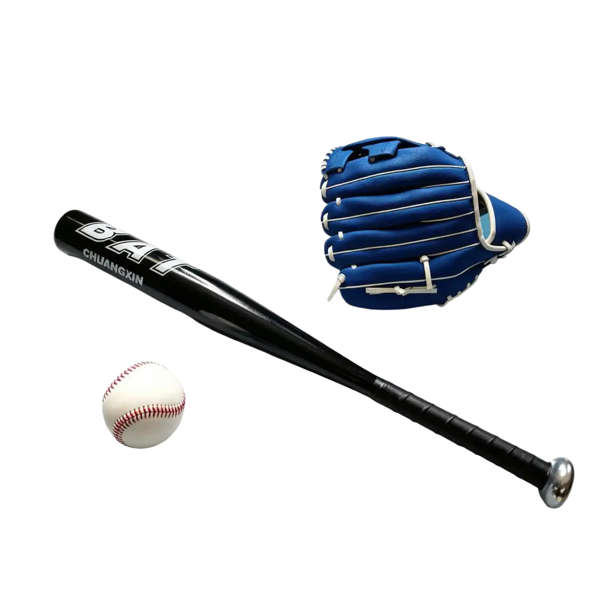 Black aluminum alloy baseball bat with white lettering and silver end next to blue leather glove and soft baseball