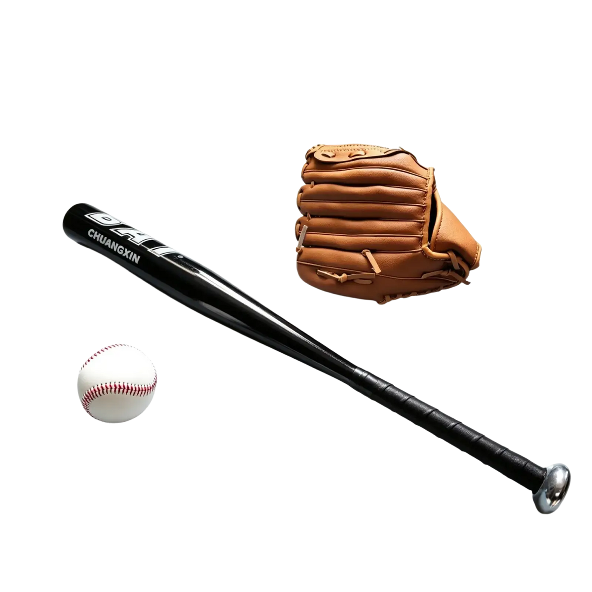 Black aluminum alloy baseball bat with chuangxin branding, silver barrel, tan glove, and soft baseball training set