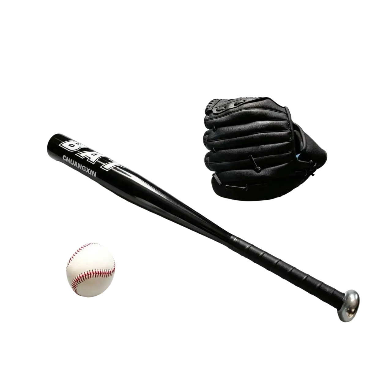 Black aluminum alloy baseball bat with silver end cap, white lettering, black leather glove, and soft baseball set