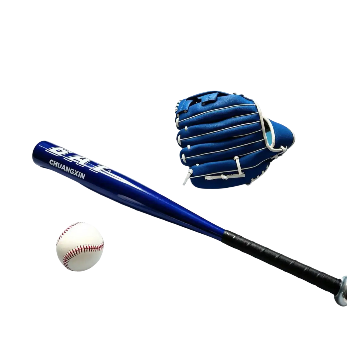 Blue aluminum alloy baseball bat with black grip paired with matching blue leather glove and soft baseball training set