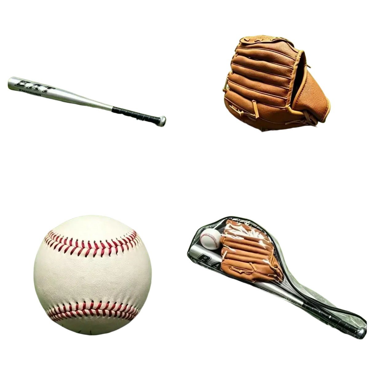 Brown leather baseball glove with stitched seams and padded wrist strap included in aluminum alloy baseball bat training set