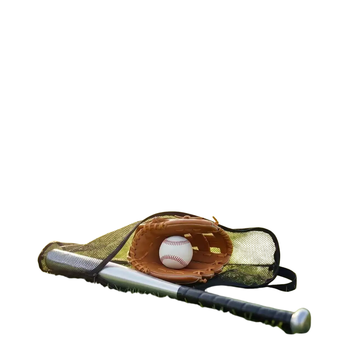 Brown leather baseball glove with soft baseball inside resting beside silver and black aluminum alloy baseball bat in mesh bag