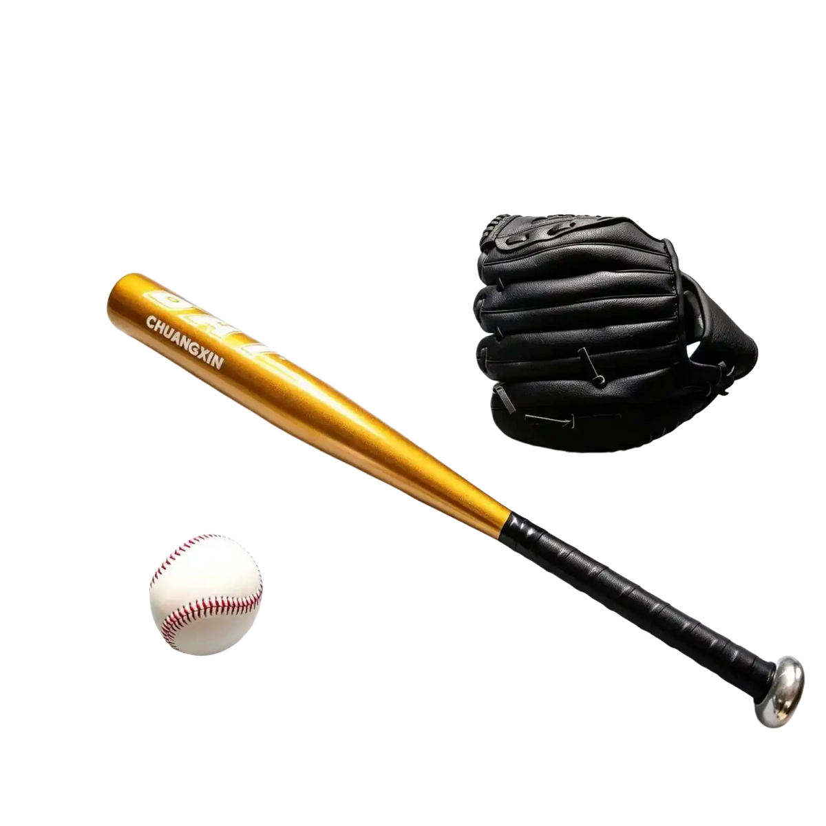 Gold-colored aluminum alloy baseball bat with black grip and silver end cap for soft baseball training set by Chuangxin