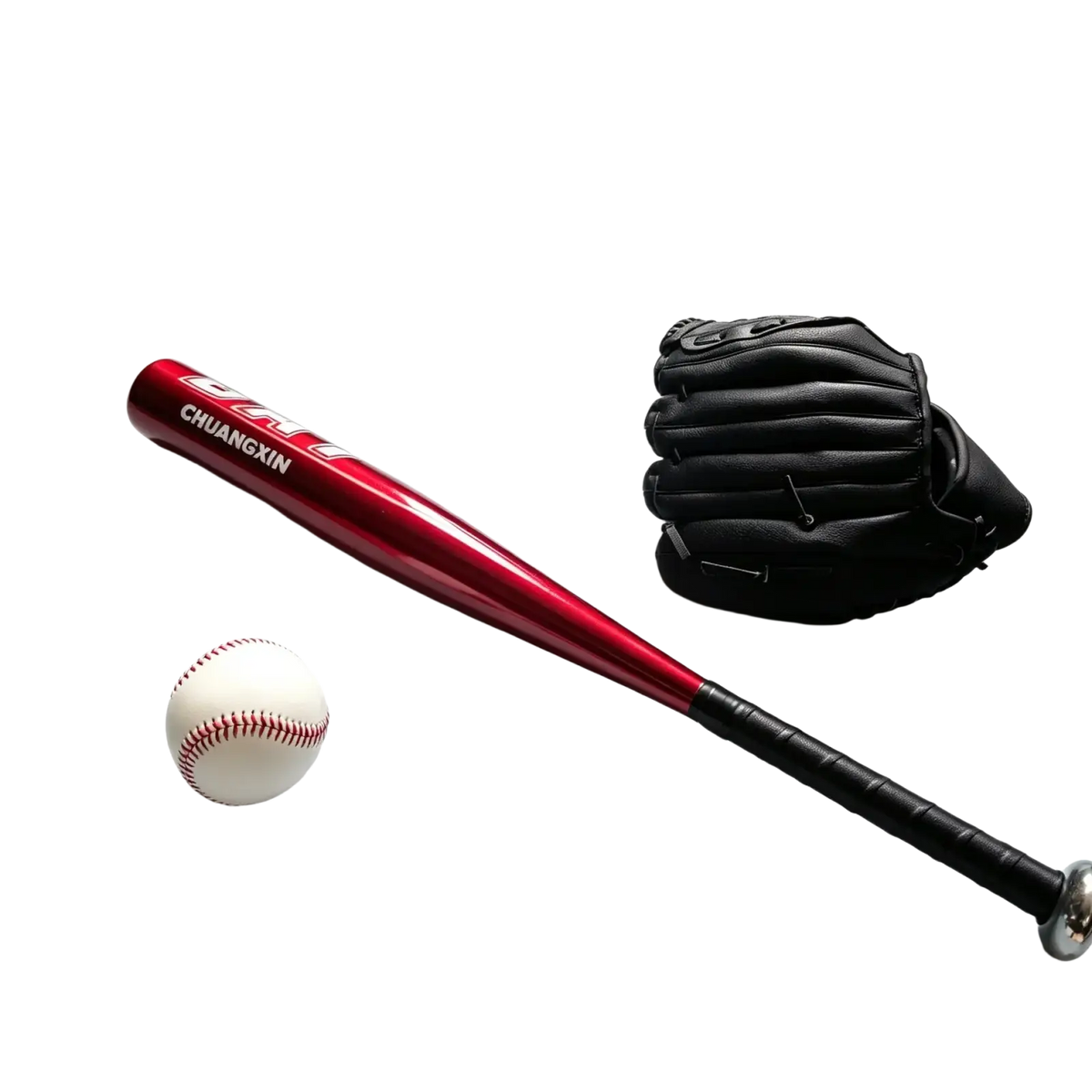 Red aluminum alloy baseball bat with black grip and chuangxin branding, soft baseball, and black leather glove set