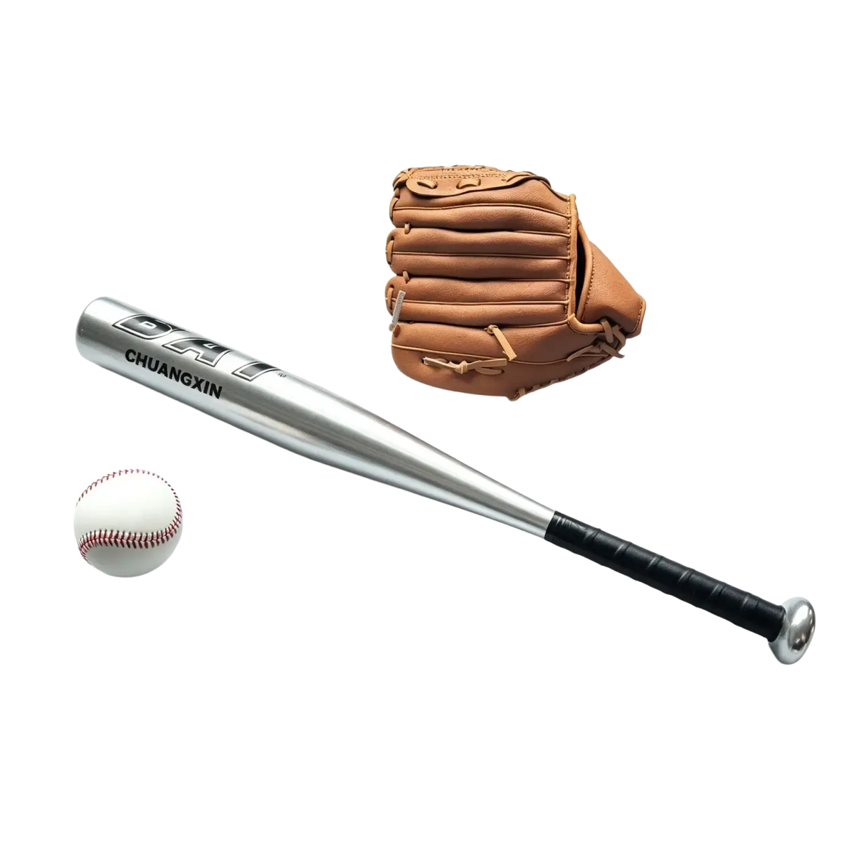 Silver aluminum alloy baseball bat with black grip and chuangxin branding beside tan leather glove and soft baseball