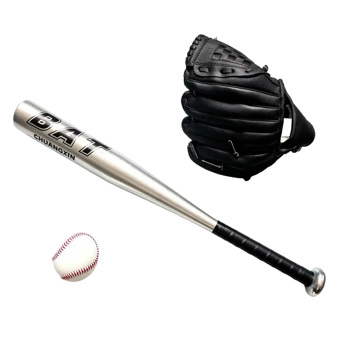 Silver aluminum alloy baseball bat with black grip branded Bat Chuangxin, accompanied by black glove and soft baseball set