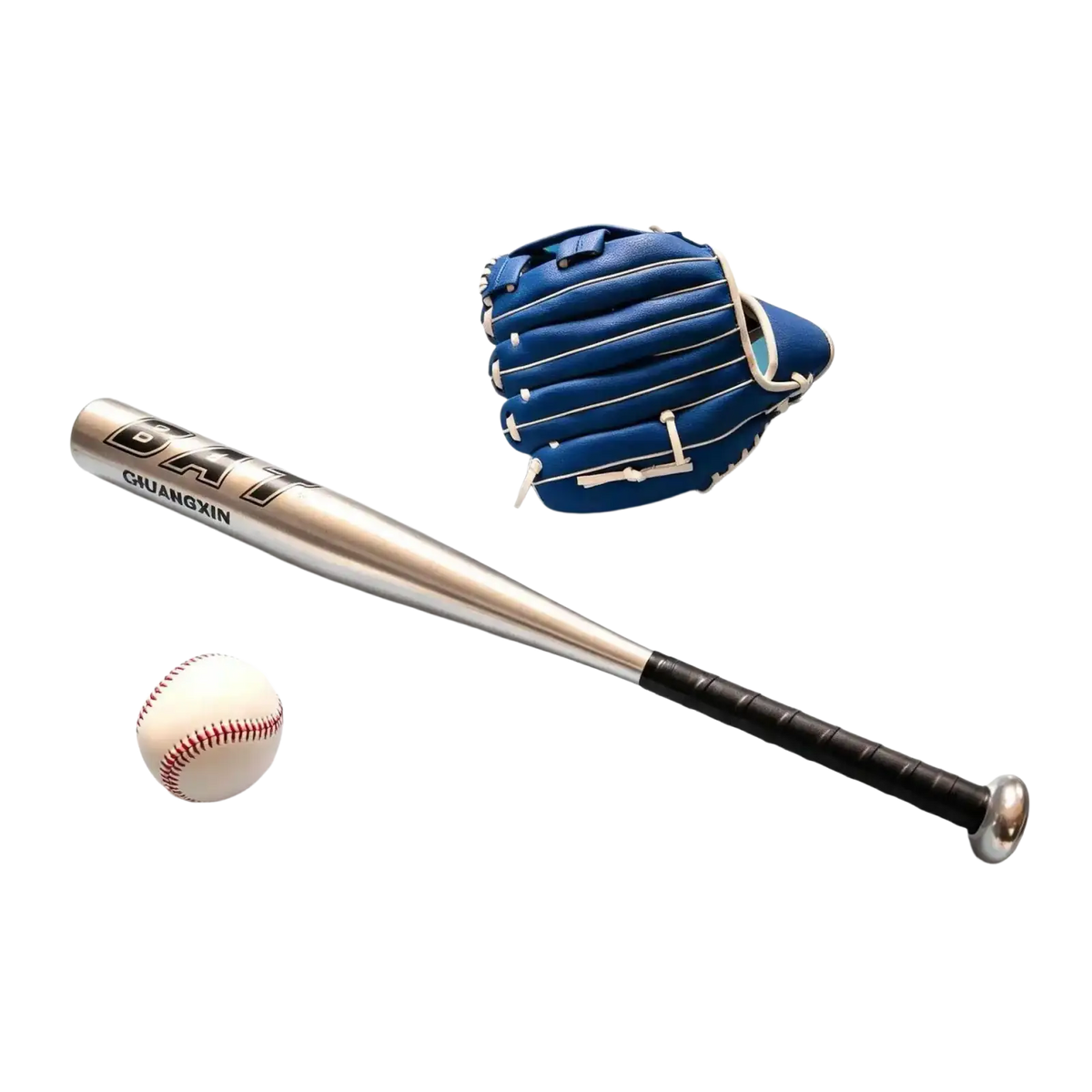 Silver aluminum alloy baseball bat with black grip and guangxin branding beside blue leather glove and soft baseball
