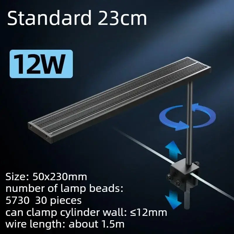 23cm aluminum alloy fish tank light dc12v full spectrum with 12w power and sleek black metal slatted design