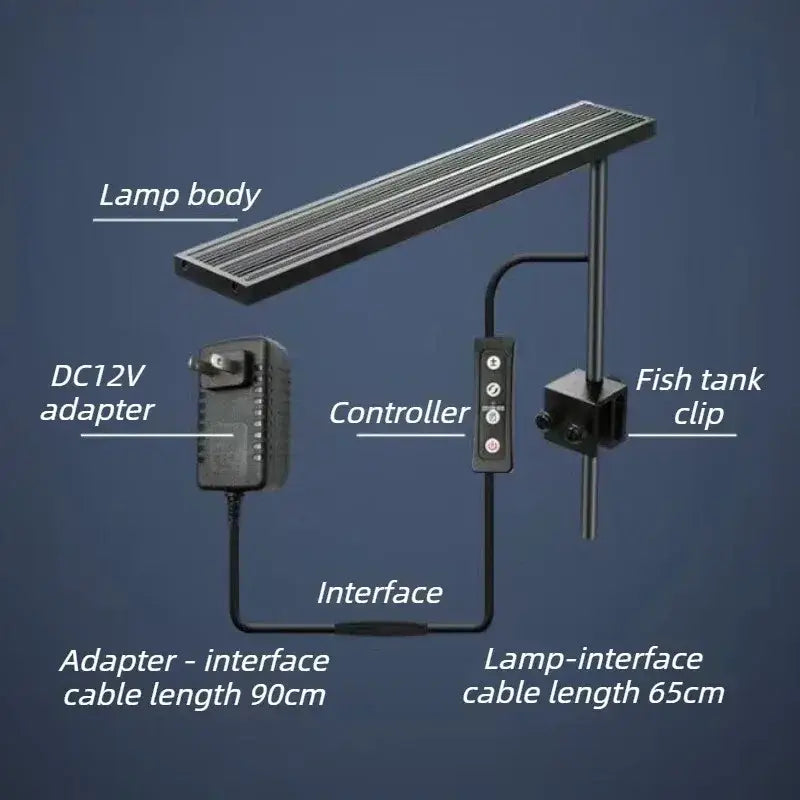 Black aluminum alloy fish tank light with textured surface dc12v solar-powered lamp and integrated control panel