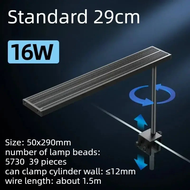 A sleek 16w aluminum alloy fish tank light in dark gray with slatted design and dc12v full spectrum