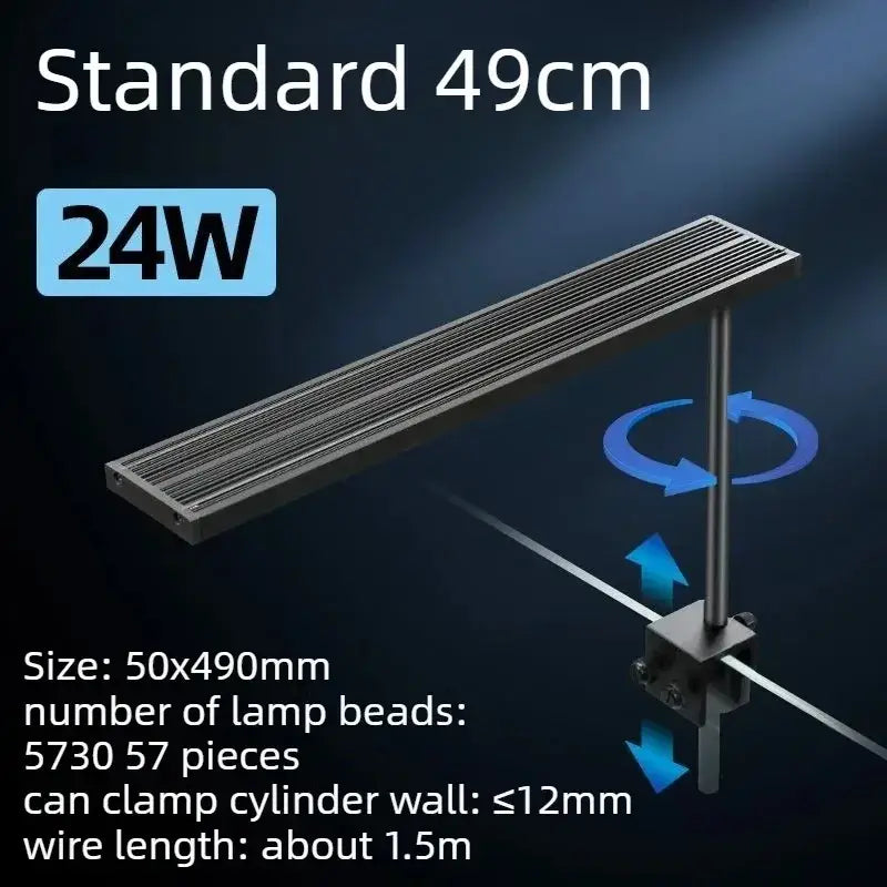 A sleek dark gray aluminum alloy 24w dc12v fish tank light with rectangular design and slatted heat dissipation surface
