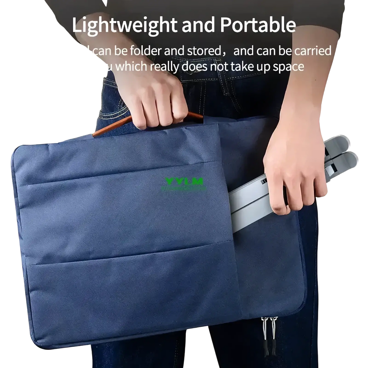 Blue fabric laptop stand case with green logo and zipper closure for aluminum alloy foldable laptop stand