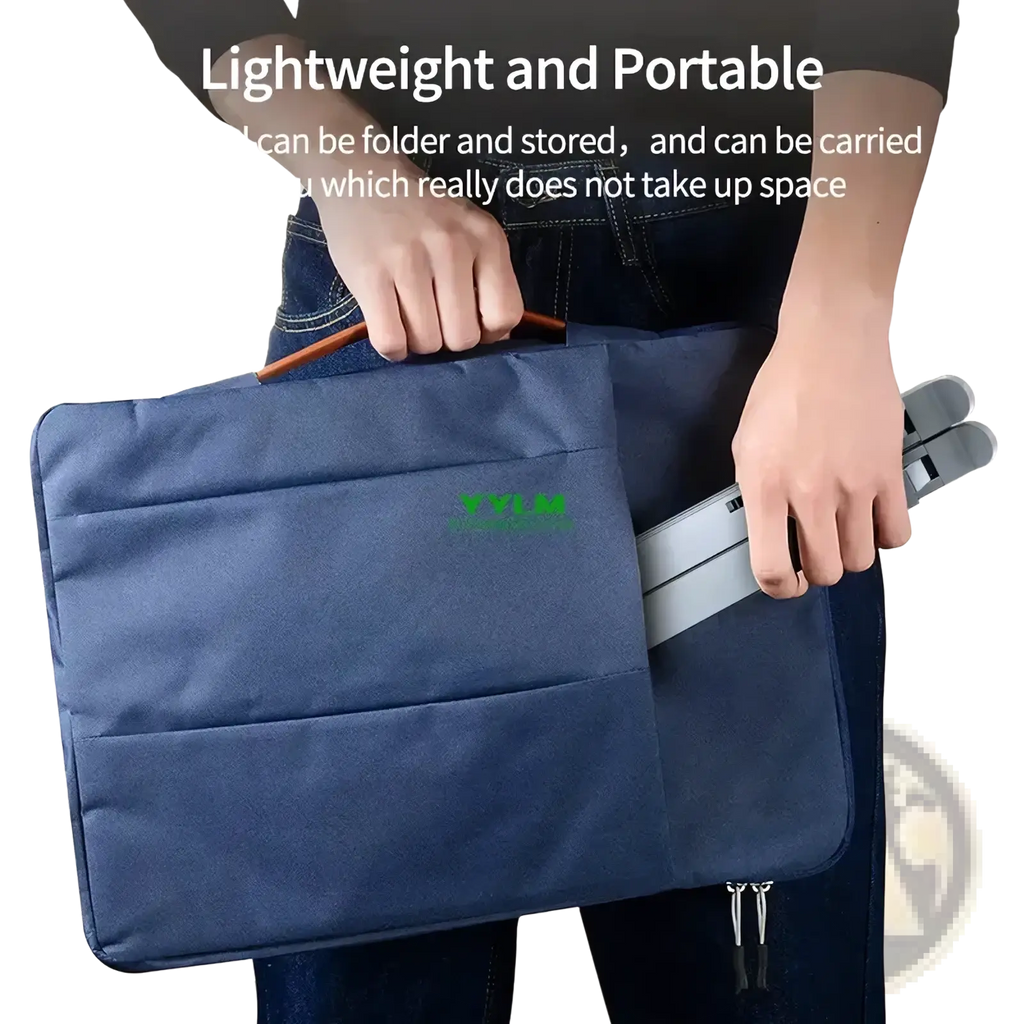 Blue fabric laptop stand case with green logo and zipper closure for aluminum alloy foldable laptop stand