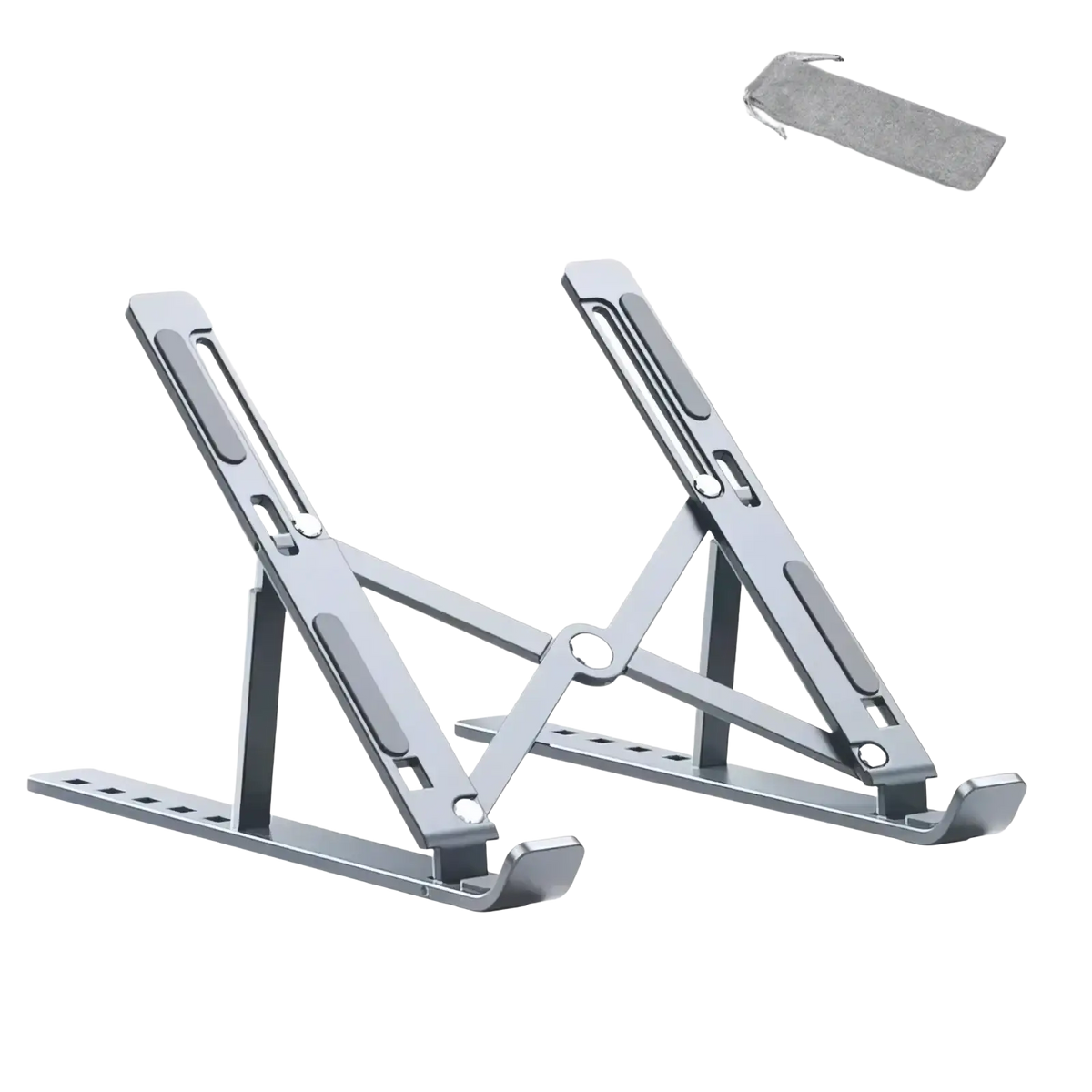 Gray aluminum alloy foldable laptop stand with a sleek and compact design for ergonomic use and easy portability