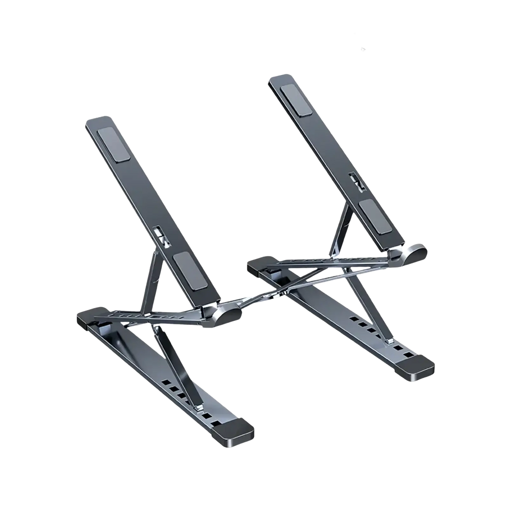 Gray black aluminum alloy foldable laptop stand showing sleek and durable design for ergonomic use