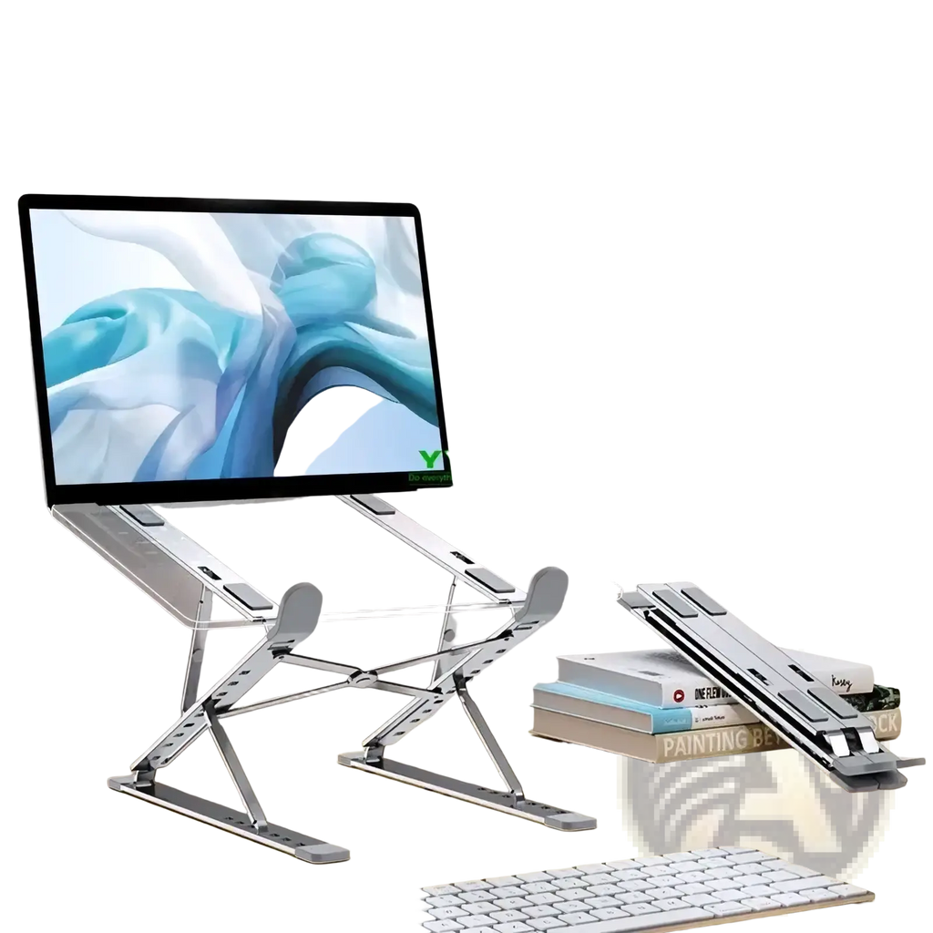 Silver aluminum alloy foldable laptop stand with double-layer gear adjustment for height support in use