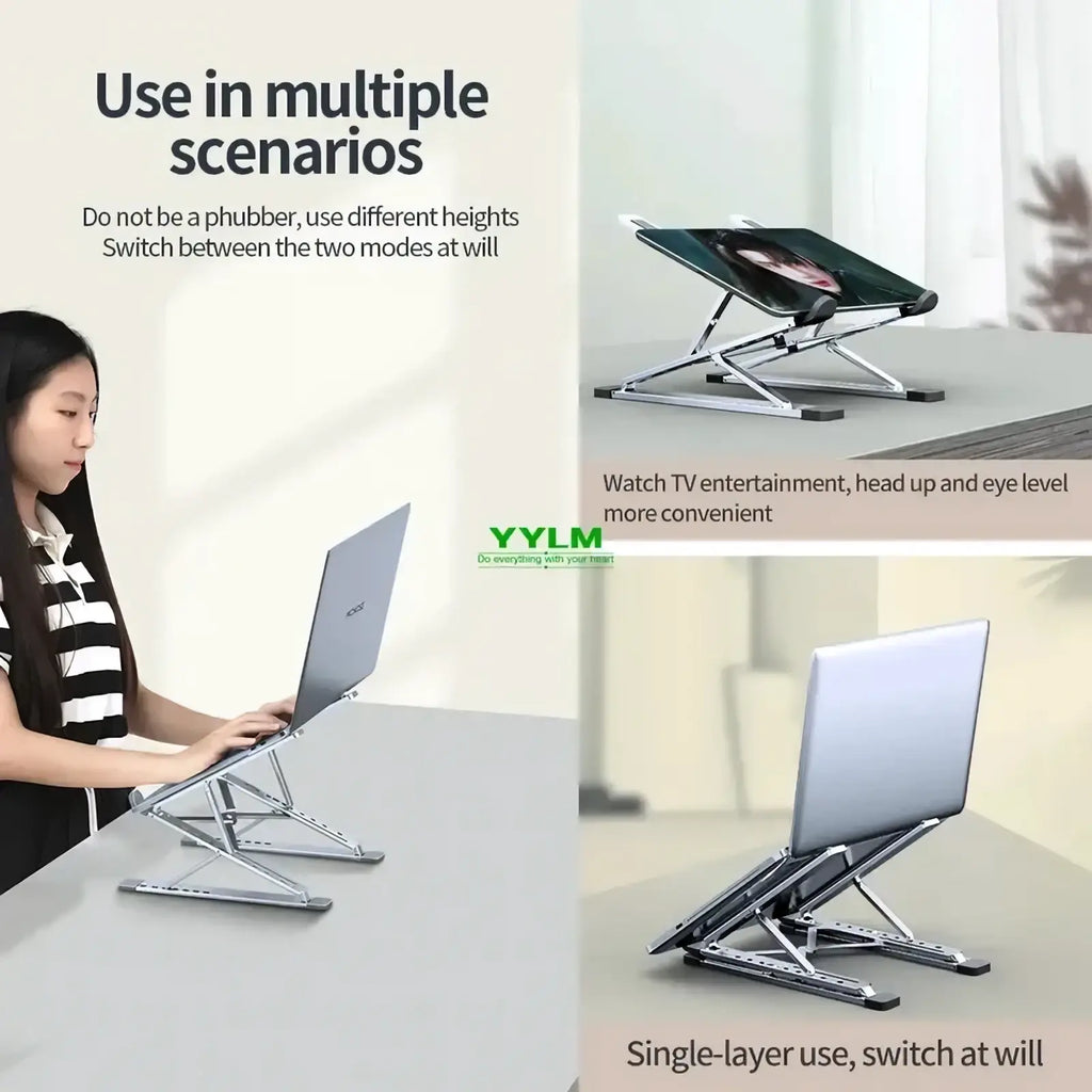 Silver aluminum alloy foldable laptop stand with adjustable foldable metal legs and dual height settings