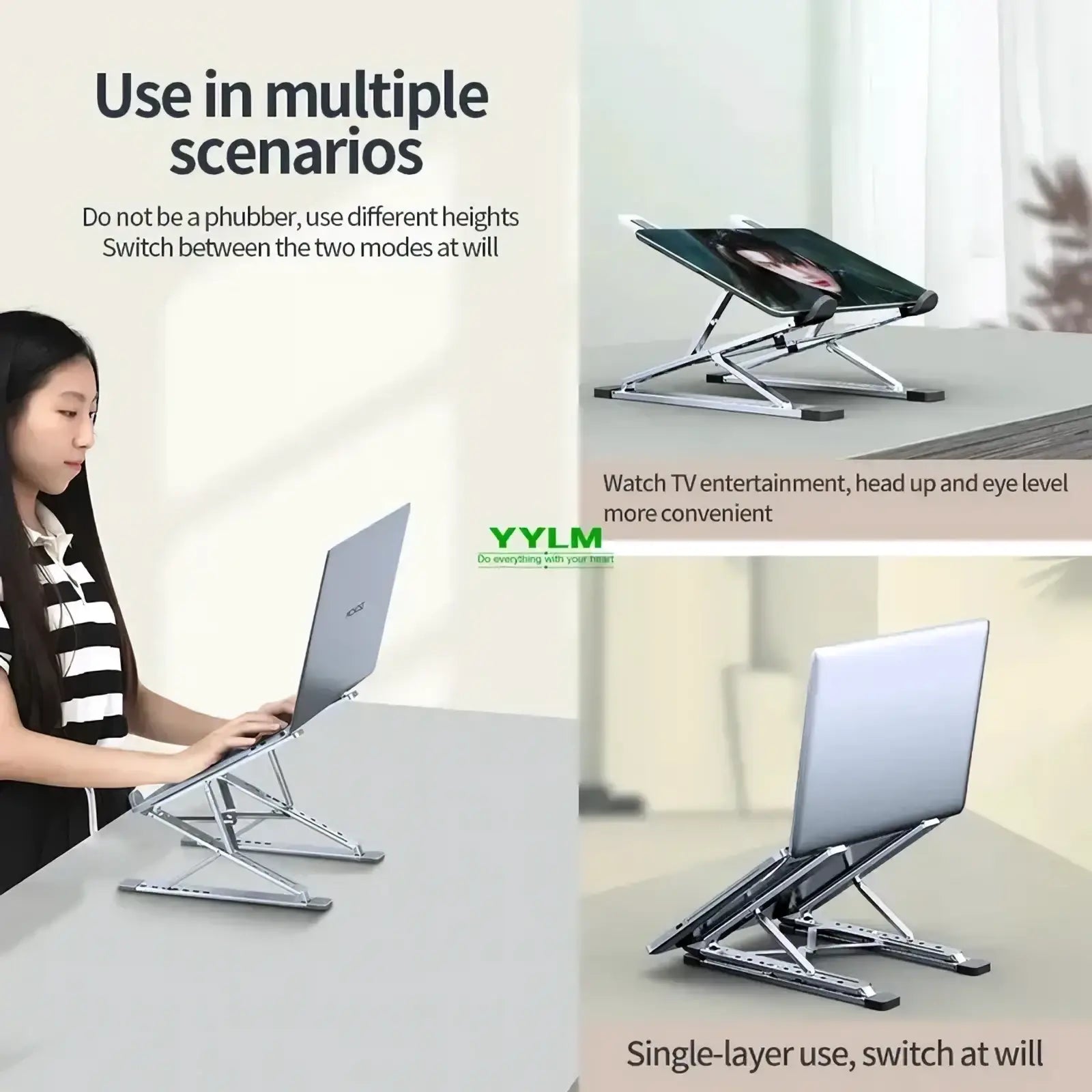 Silver aluminum alloy foldable laptop stand with adjustable foldable metal legs and dual height settings