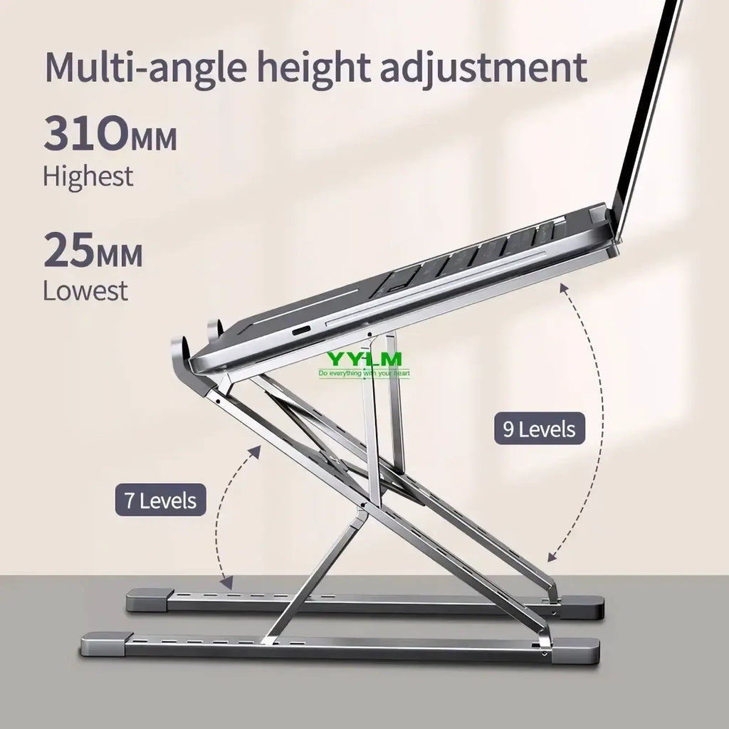 Silver aluminum alloy foldable laptop stand with adjustable height and multi-angle support for ergonomic use