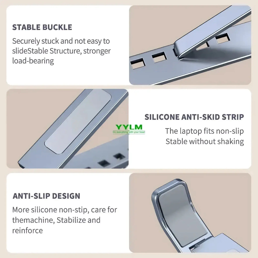 Silver aluminum alloy foldable laptop stand with silicone anti-slip strips and stable buckle design for stability