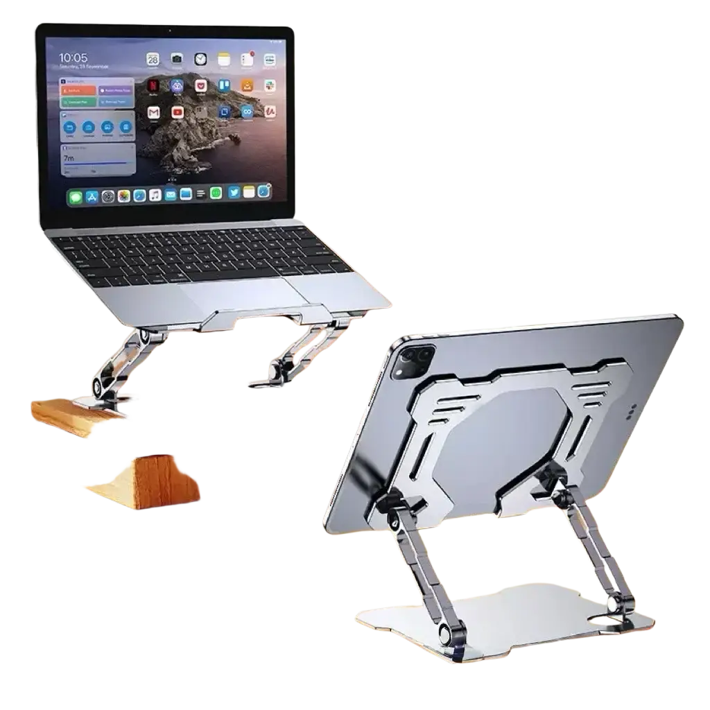 Adjustable silver aluminum alloy foldable laptop and tablet stand with articulated arms for versatile use