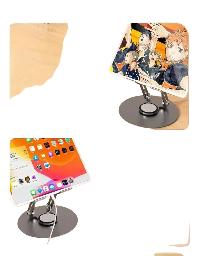 Black aluminum alloy foldable tablet and phone stand with adjustable legs and circular base for stable support