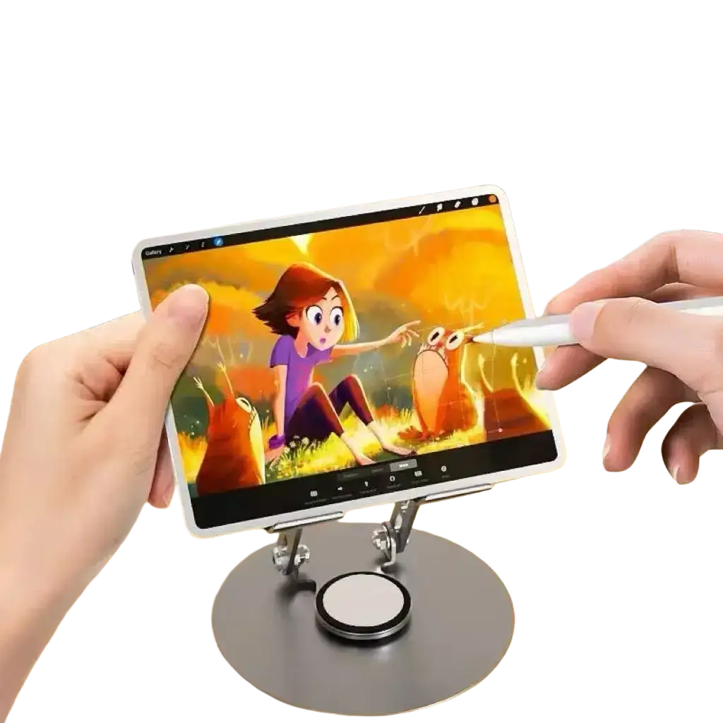 Silver metallic aluminum alloy foldable tablet and phone stand with circular base and adjustable arms