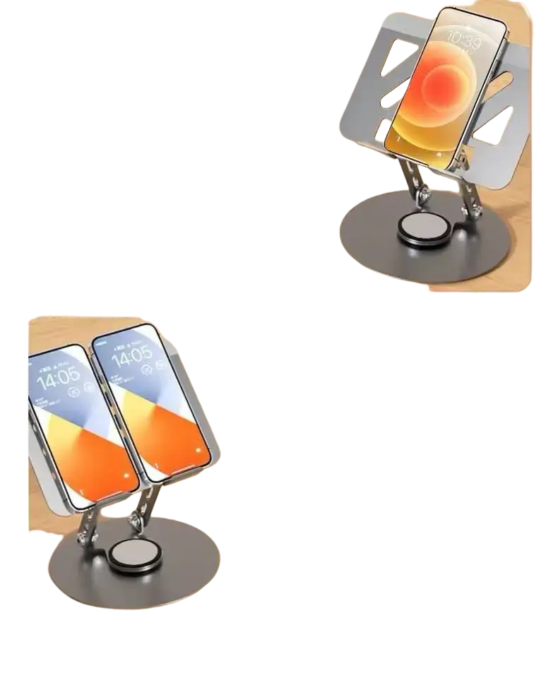 Silver aluminum alloy foldable phone stand with adjustable arms and circular base for holding one or two smartphones upright
