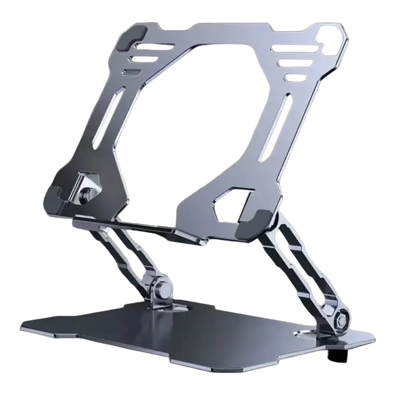 Silver aluminum alloy foldable tablet and phone stand with angular futuristic design and adjustable legs