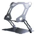 Silver aluminum alloy foldable tablet and phone stand with angular futuristic design and adjustable legs