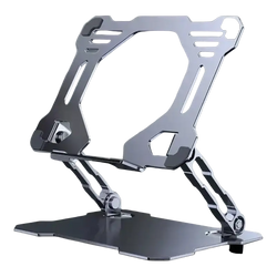 Silver aluminum alloy foldable tablet and phone stand with angular futuristic design and adjustable legs
