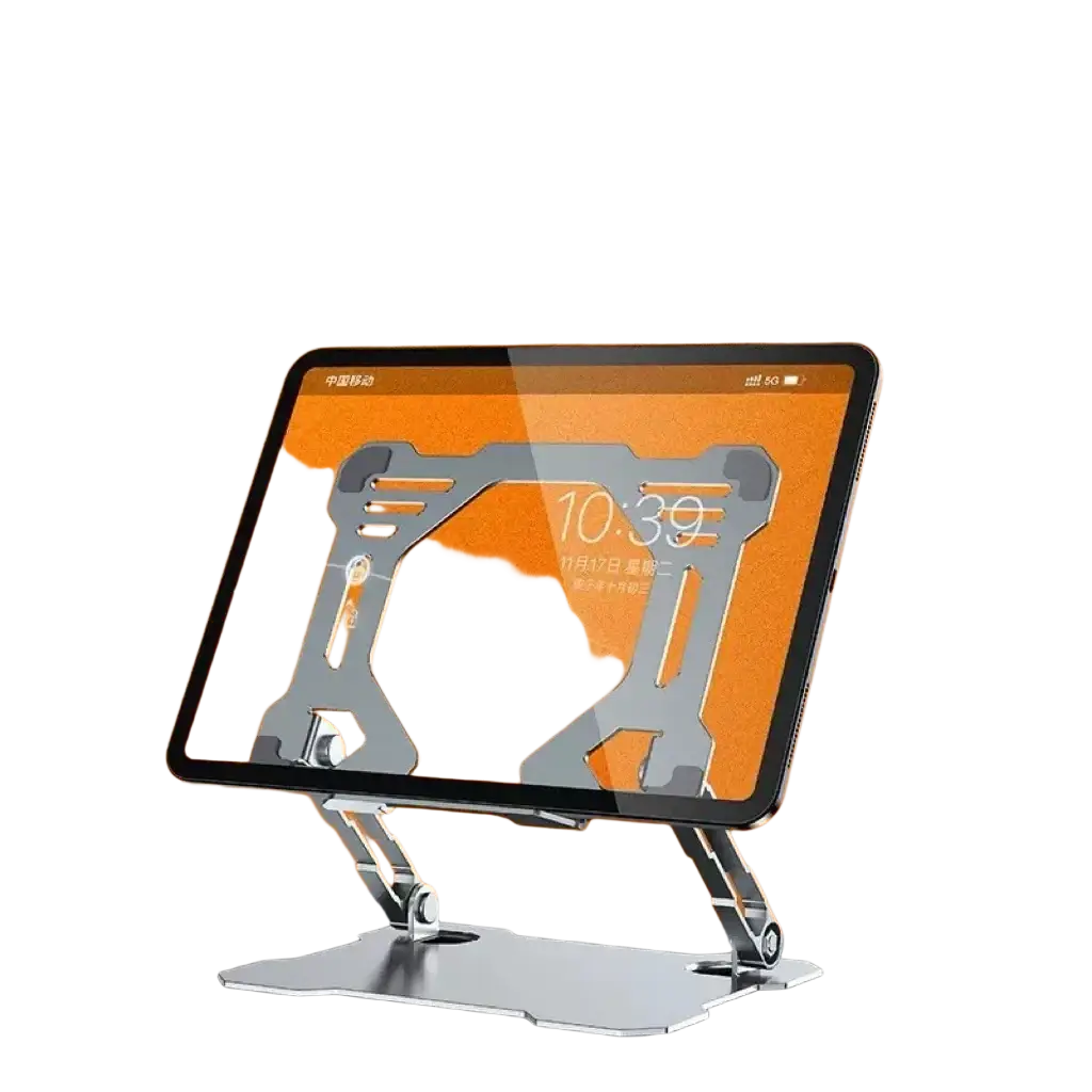 Silver aluminum alloy foldable tablet and phone stand with sleek adjustable design for versatile device support