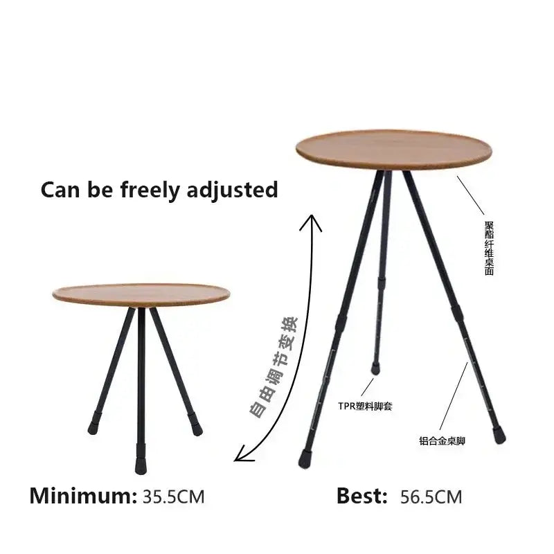 Adjustable aluminum alloy folding camping table with light brown wooden top and black metal tripod legs