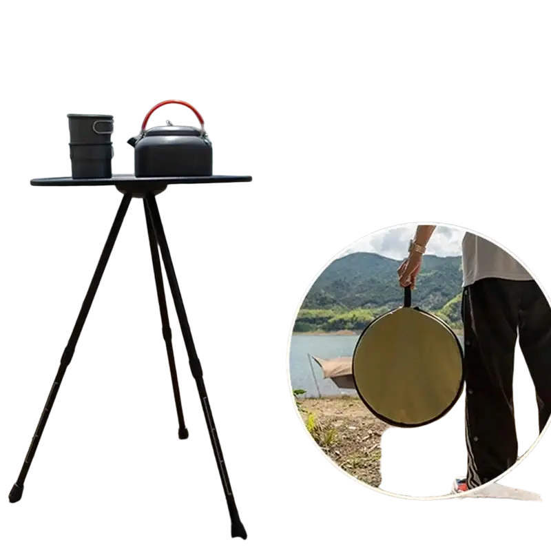Black aluminum alloy folding camping table with tripod legs for portable outdoor use