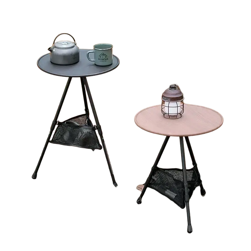 Black aluminum alloy folding camp table with mesh storage basket underneath for outdoor use