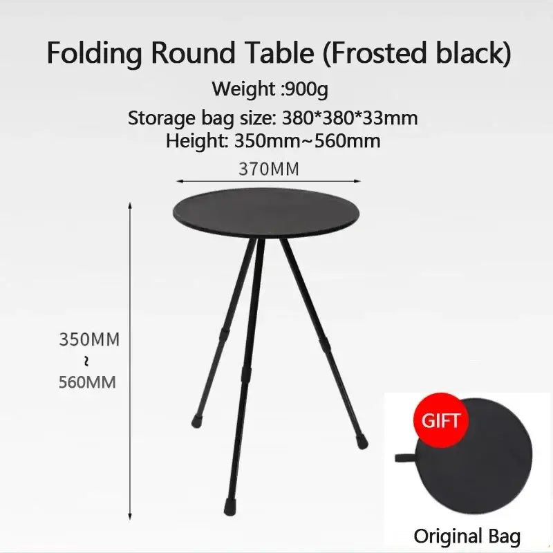 Frosted black aluminum alloy folding camping table with three adjustable legs and round top design