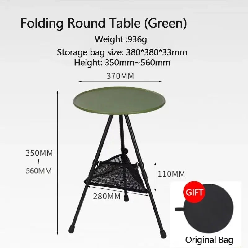 Green aluminum alloy folding camping table with black tripod legs and mesh storage shelf beneath