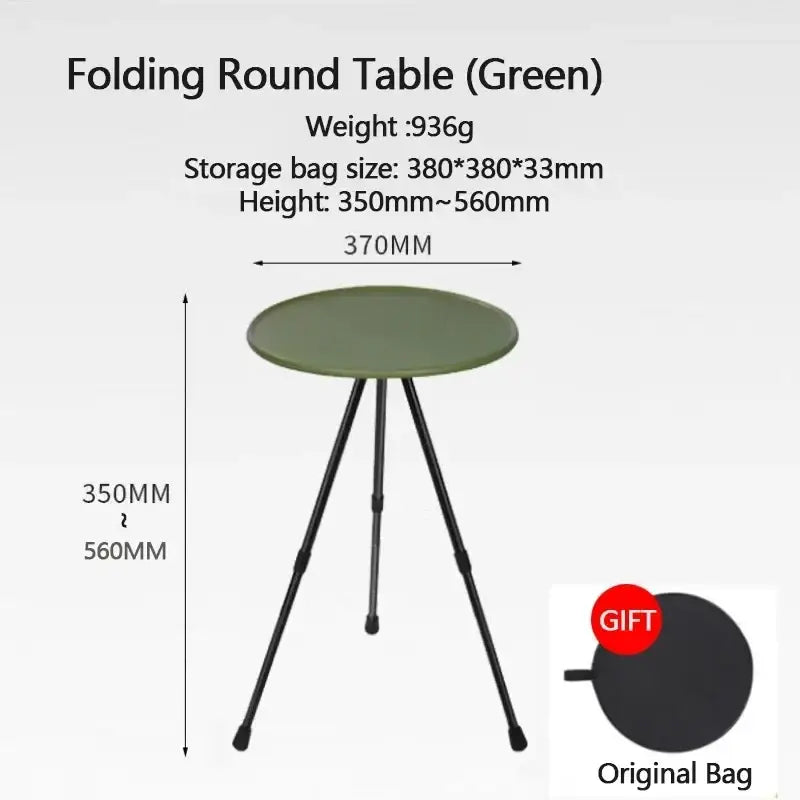 Green aluminum alloy folding camping table with round tabletop and three black adjustable alloy folding legs