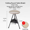 Khaki aluminum alloy folding camping table with black tripod legs and mesh storage basket underneath