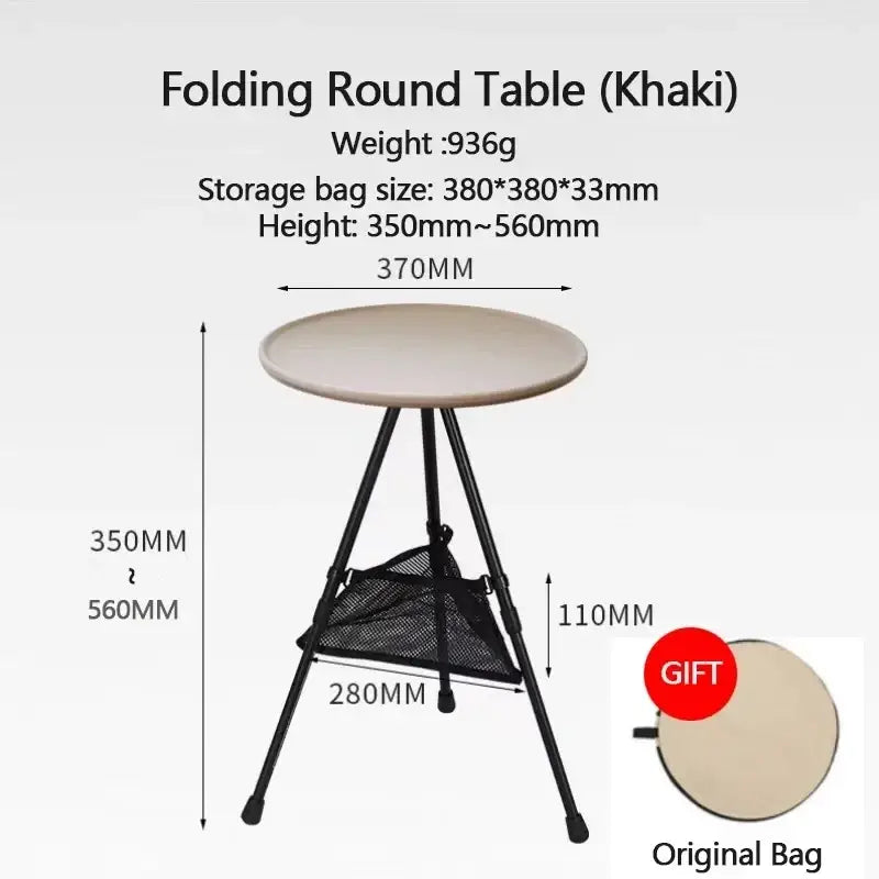 Khaki aluminum alloy folding camping table with black tripod legs and mesh storage basket underneath