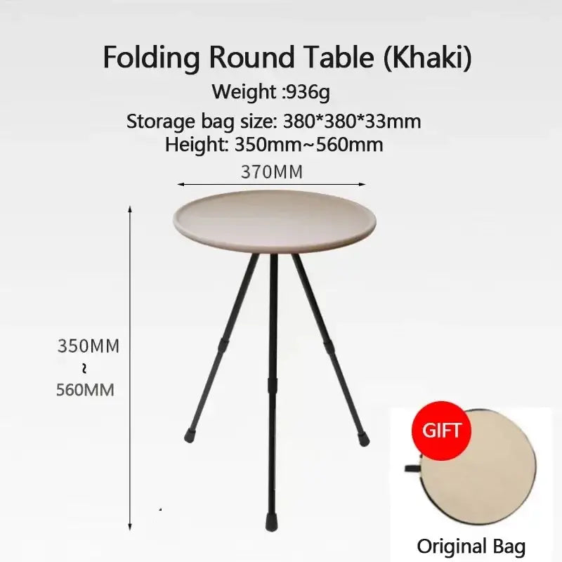 Khaki aluminum alloy folding camping table with circular tabletop and three black adjustable alloy folding legs