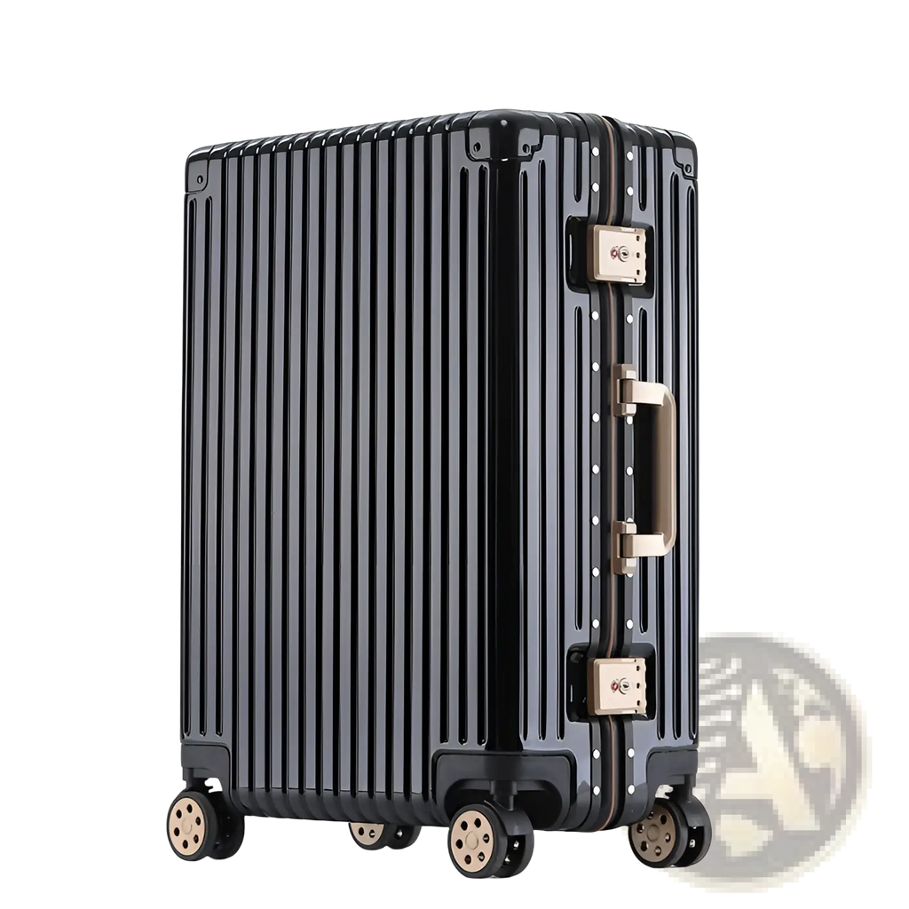 Black hard-shell aluminum alloy frame suitcase with vertical ribbed design and gold-tone hardware for travel use