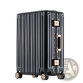 Black hard-shell aluminum alloy frame suitcase with vertical ribbed design and gold-tone hardware for travel use