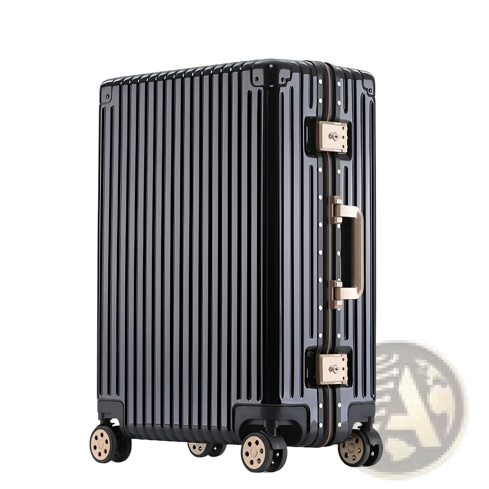 Black hard-shell aluminum alloy frame suitcase with vertical ribbed design and gold-tone hardware for travel use