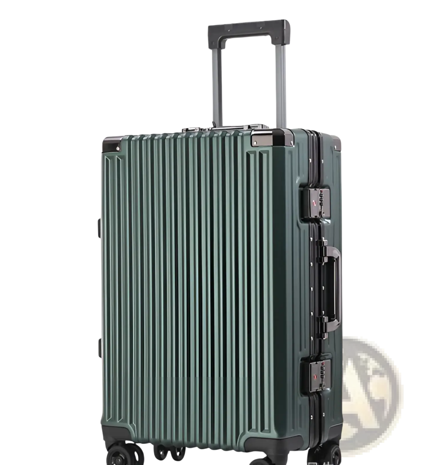 Dark green aluminum alloy frame hard-shell spinner suitcase with vertical ribs black wheels handle and latches