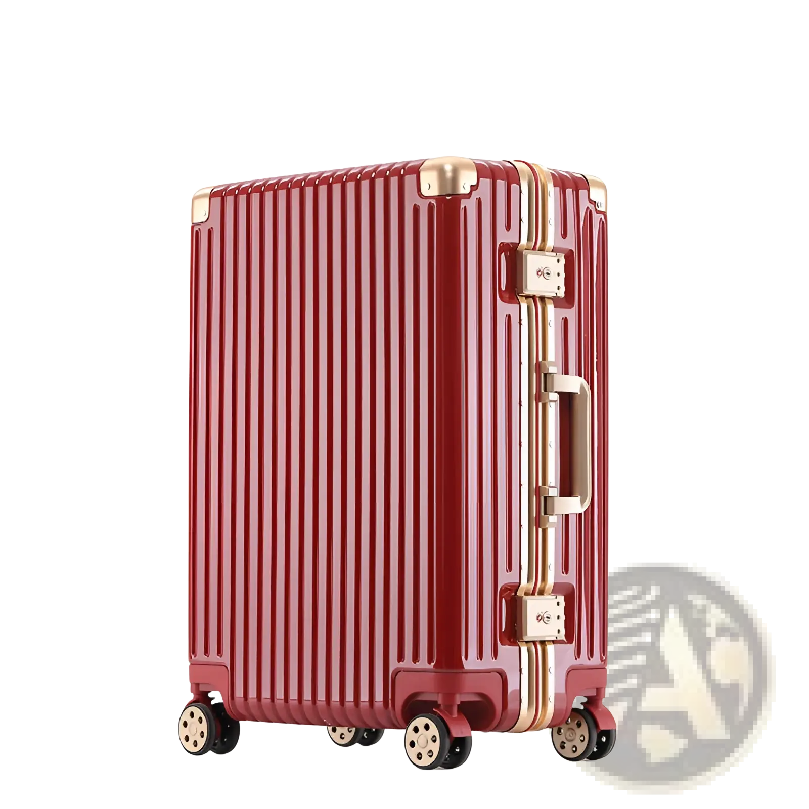 Red hard-shell spinner suitcase with aluminum alloy frame gold-tone accents and vertical ridges